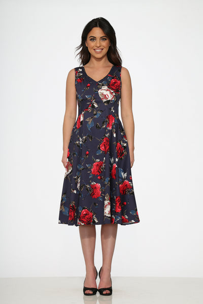 navy dress with red flowers Navy Blue and Red Floral Dress