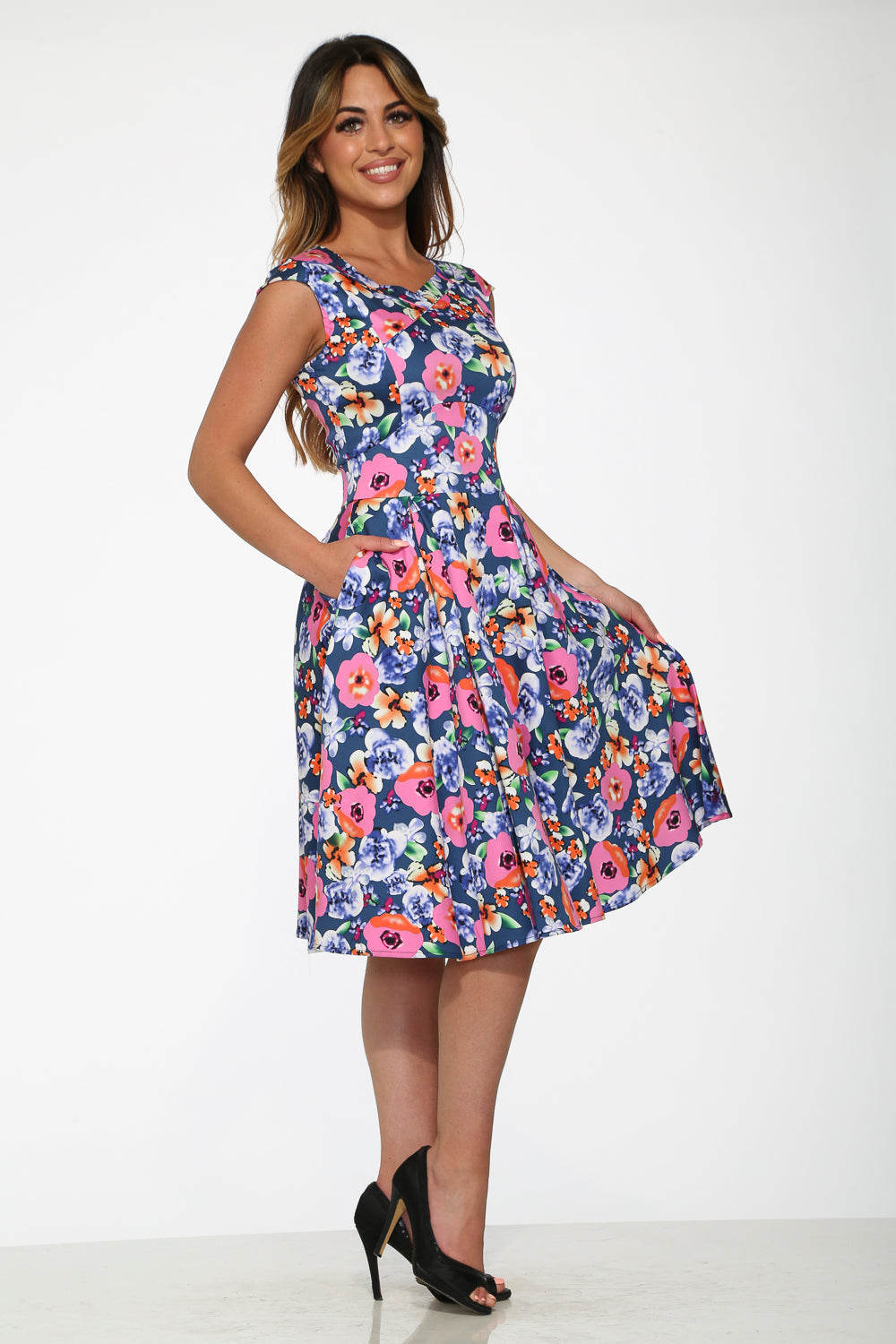 20790 Navy Pink Floral Swing Dress