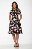 21160 Black Pink Floral Swing Dress