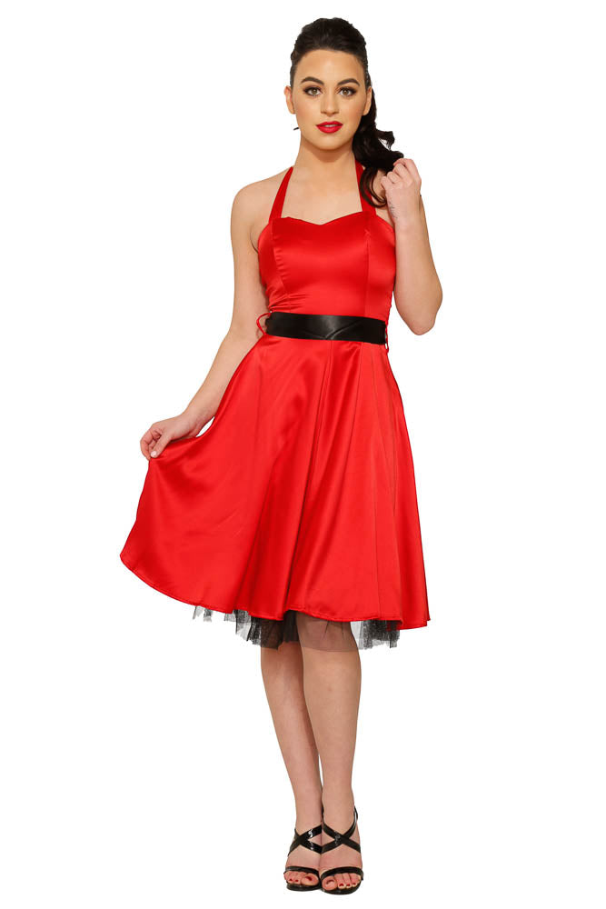 0211 Red Satin Halter Swing Dress