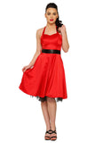 0211 Red Satin Halter Swing Dress