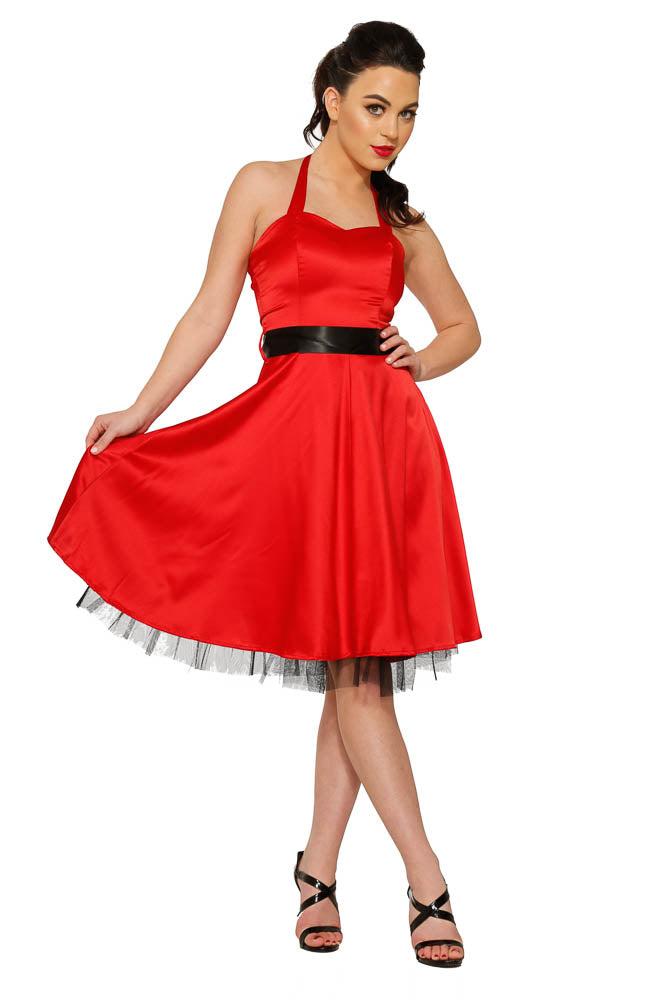 0211 Red Satin Halter Swing Dress