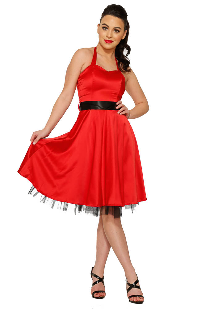 0211 Red Satin Halter Swing Dress