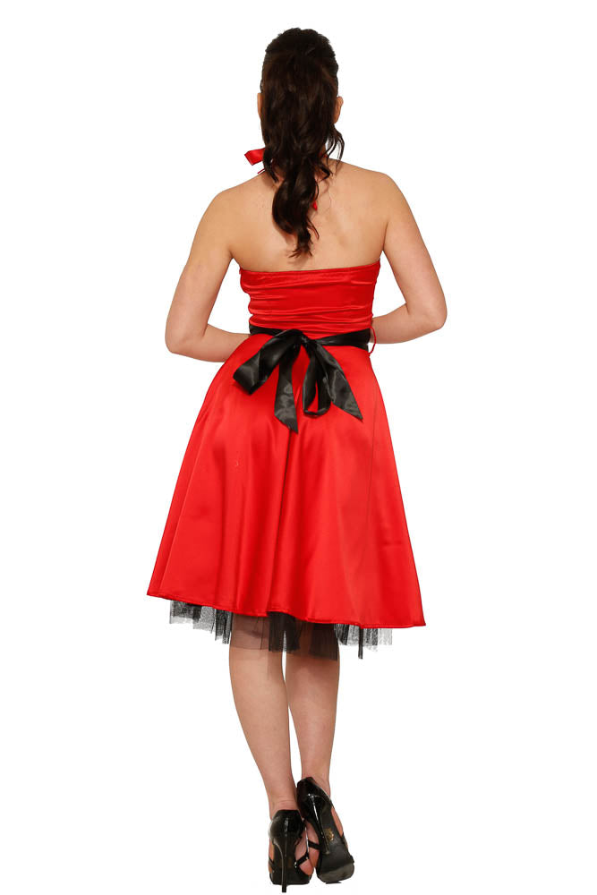 0211 Red Satin Halter Swing Dress