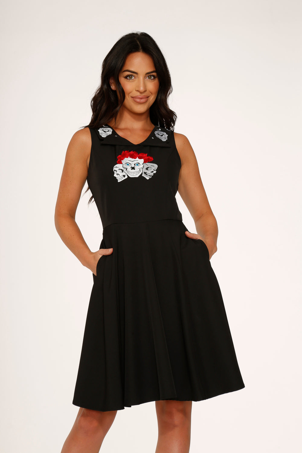 10061 Black Red Rose Skulls Embroider Swing Dress