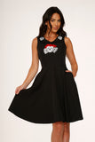 10061 Black Red Rose Skulls Embroider Swing Dress