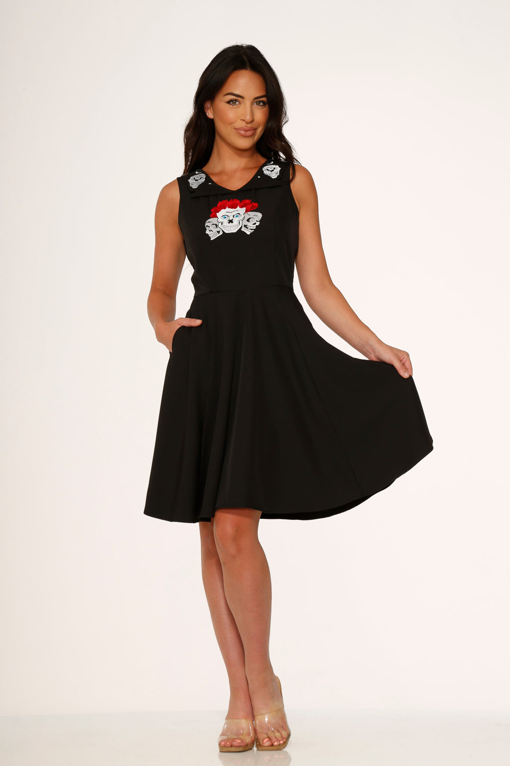 10061 Black Red Rose Skulls Embroider Swing Dress