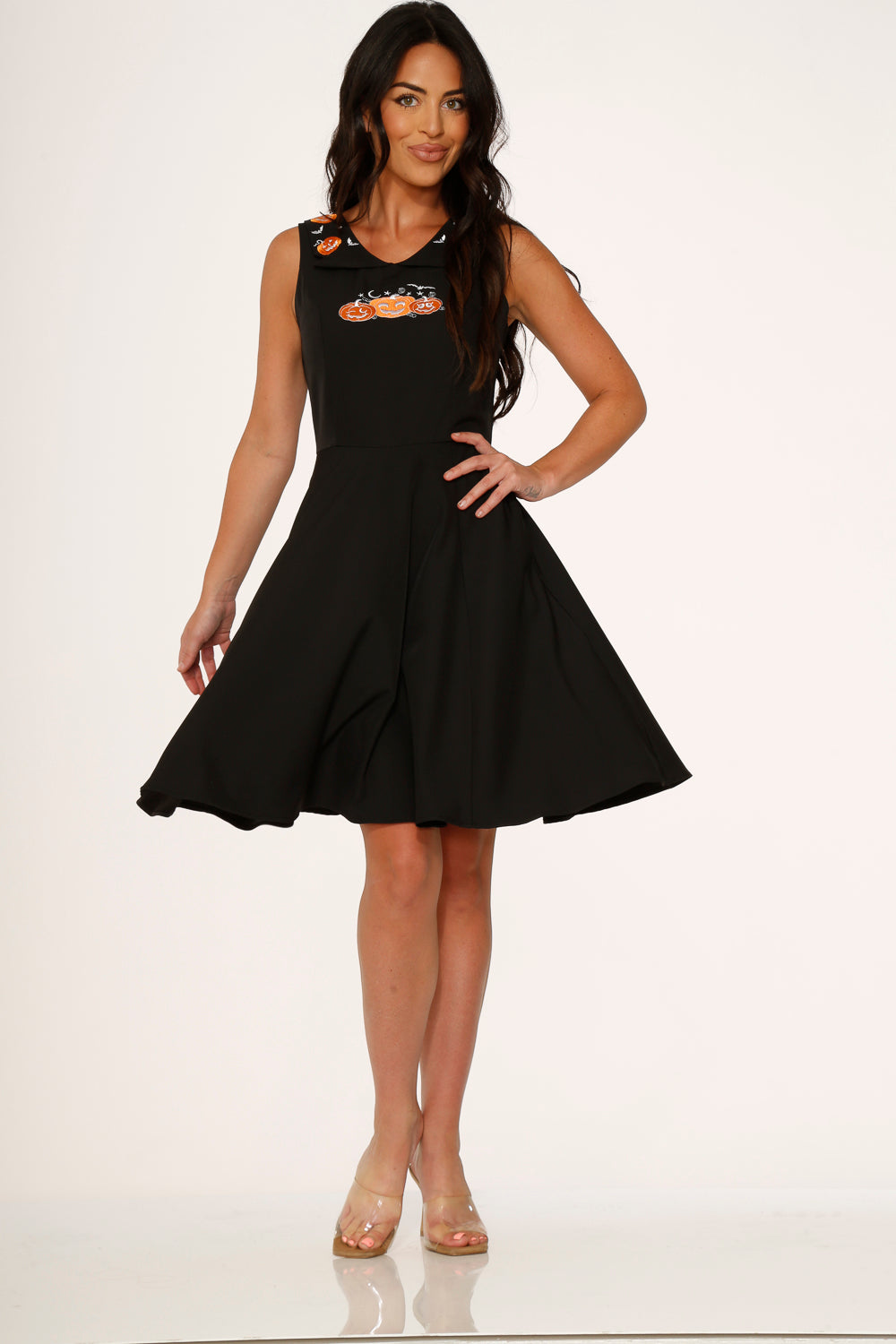 10062 Halloween Pumpking Embriodery Swing Dress