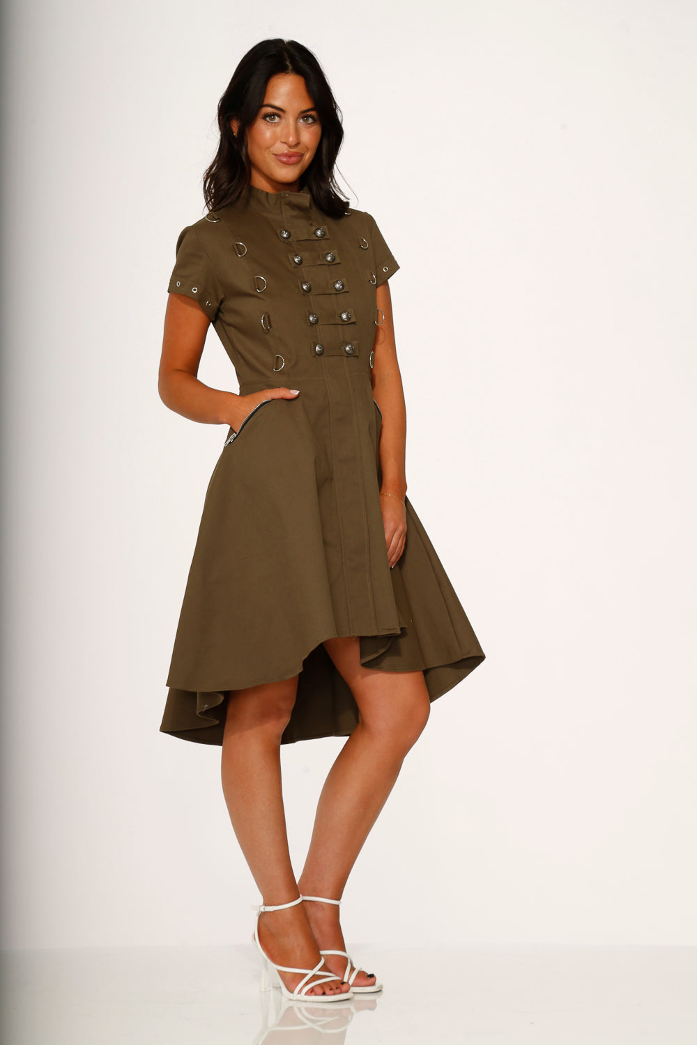 10272 Battalion Olive HiLo Swing Dress