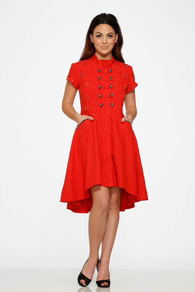 10276 Red Jaquard Battalion Swing Dress