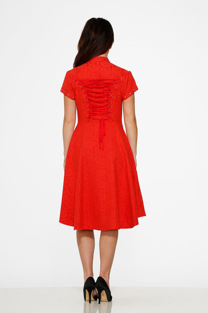 10276 Red Jaquard Battalion Swing Dress