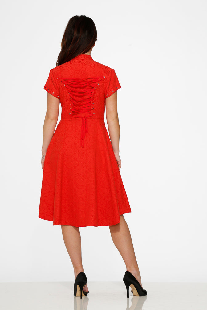 10276 Red Jaquard Battalion Swing Dress