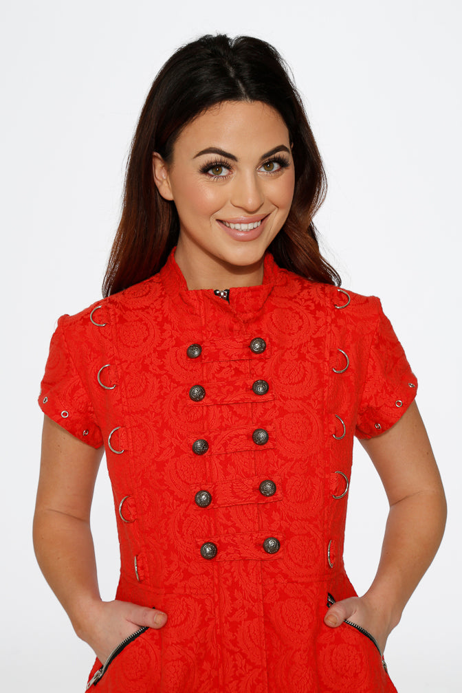 10276 Red Jaquard Battalion Swing Dress