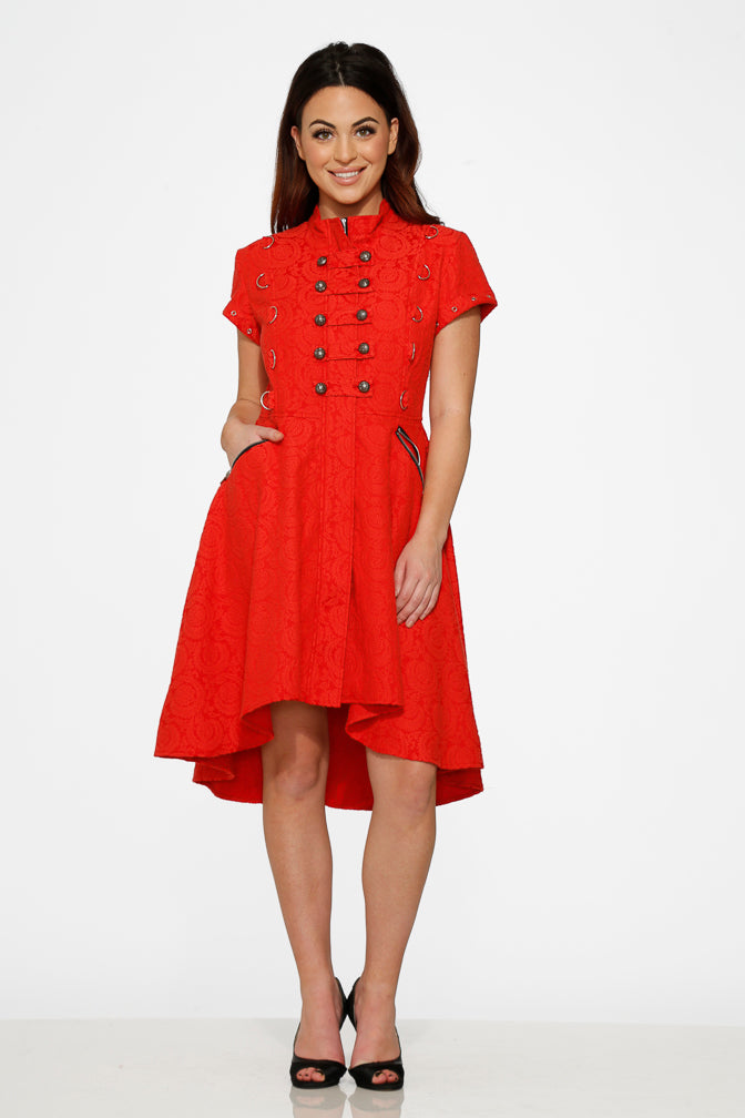 10276 Red Jaquard Battalion Swing Dress
