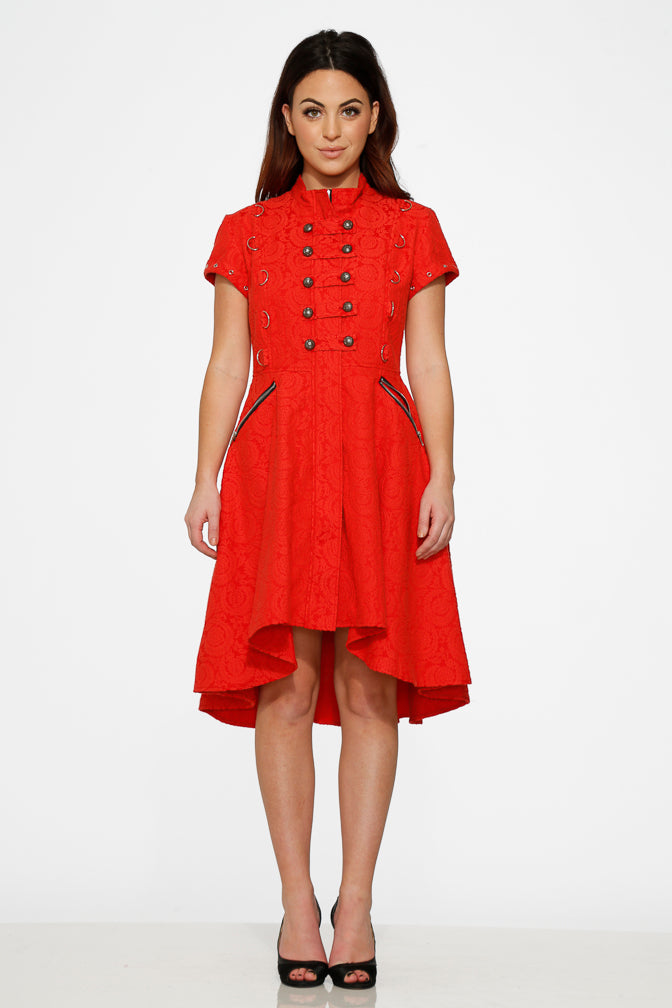 10276 Red Jaquard Battalion Swing Dress