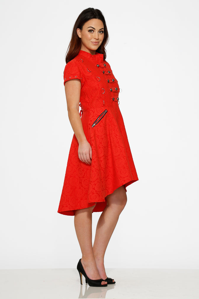 10276 Red Jaquard Battalion Swing Dress