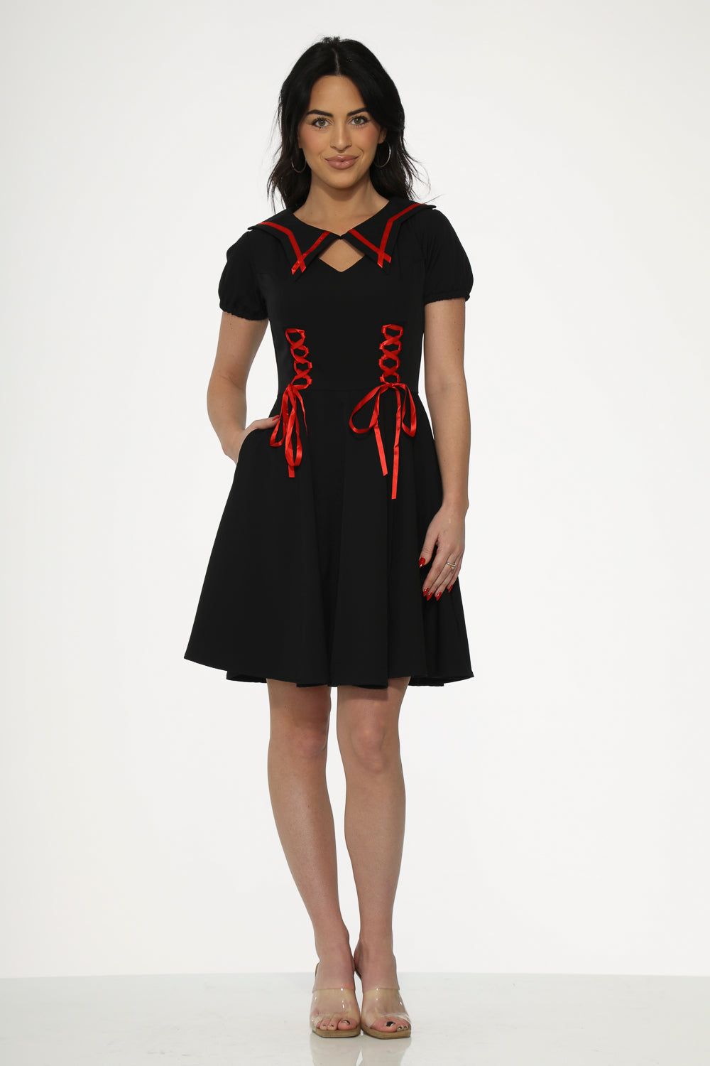 10480 Black Red Trim Gothic Swing Dress