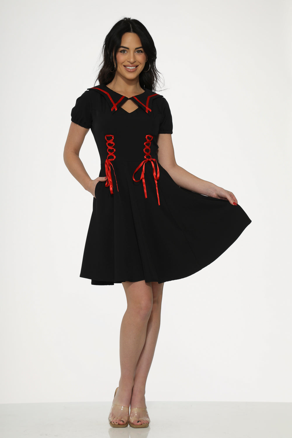 10480 Black Red Trim Gothic Swing Dress