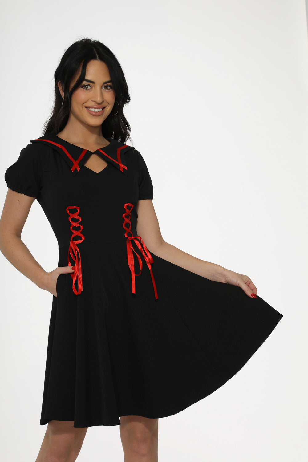 10480 Black Red Trim Gothic Swing Dress
