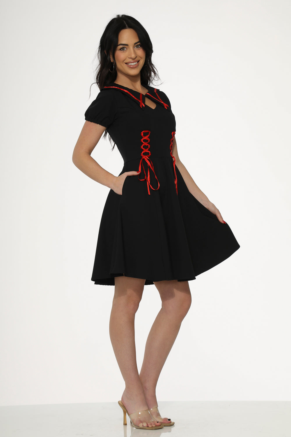 10480 Black Red Trim Gothic Swing Dress