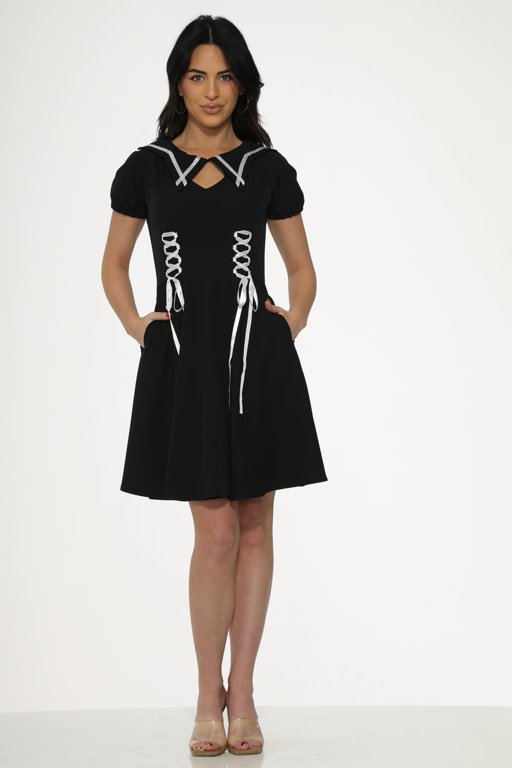 10481 Black White Trim Gothic Swing Dress