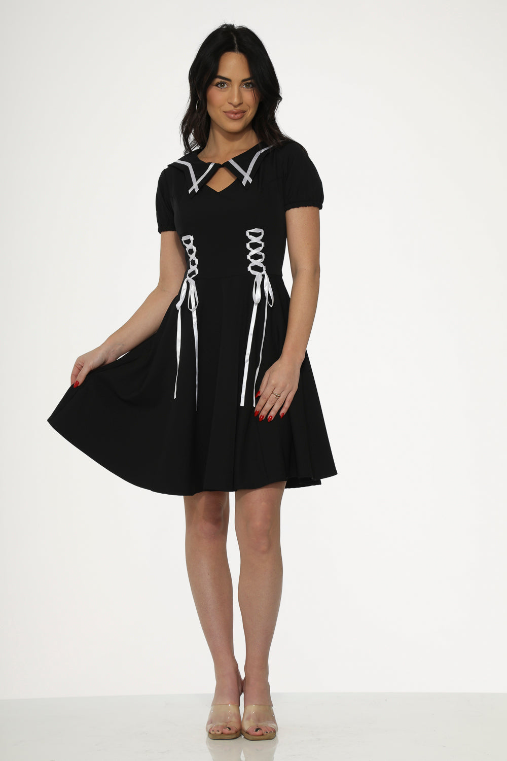 10481 Black White Trim Gothic Swing Dress