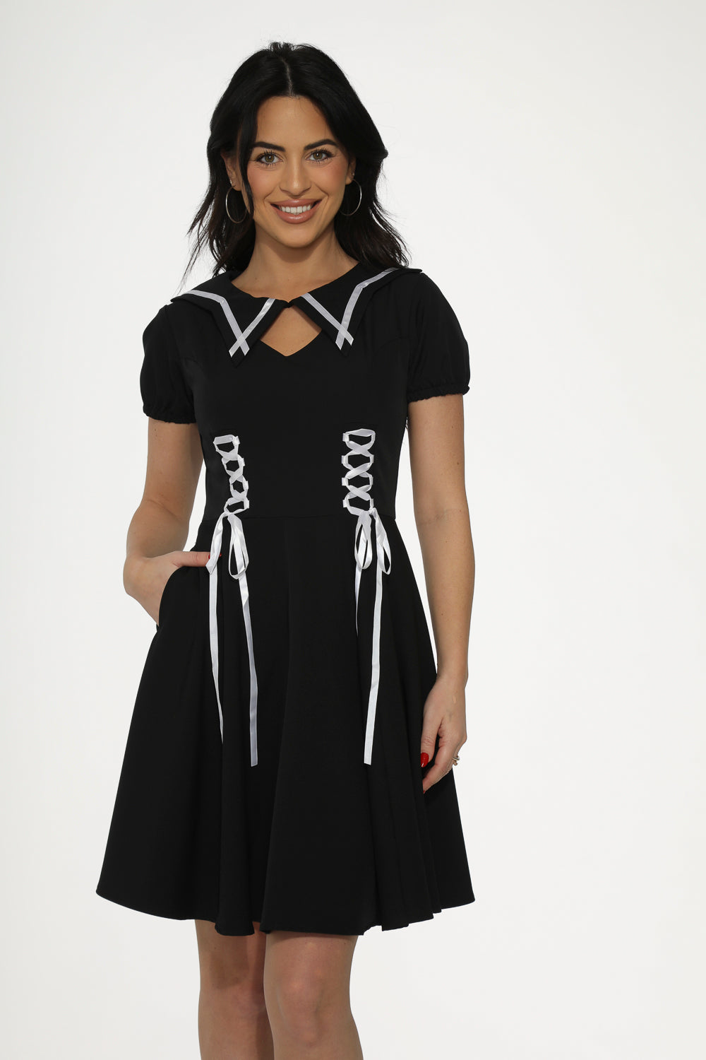 10481 Black White Trim Gothic Swing Dress