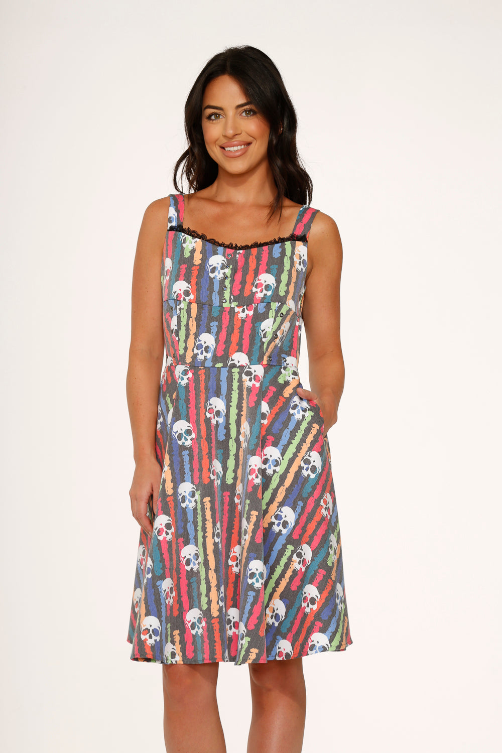 10531 Black Skulls Rainbow Swing Dress