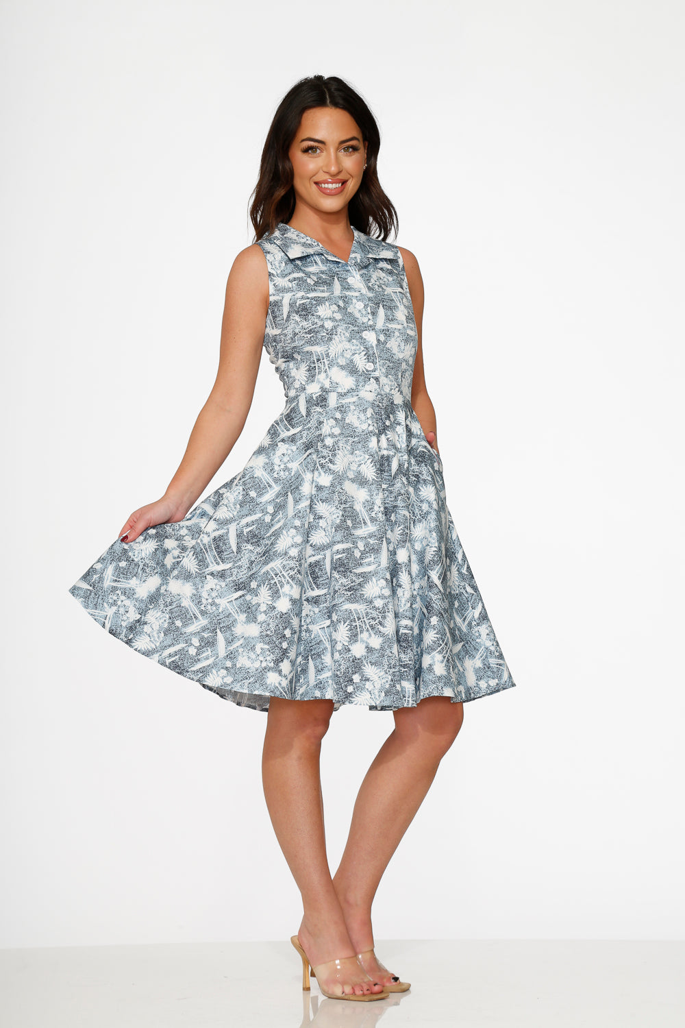 20040 Blue Hawaiian Palm Tree Print Swing Dress