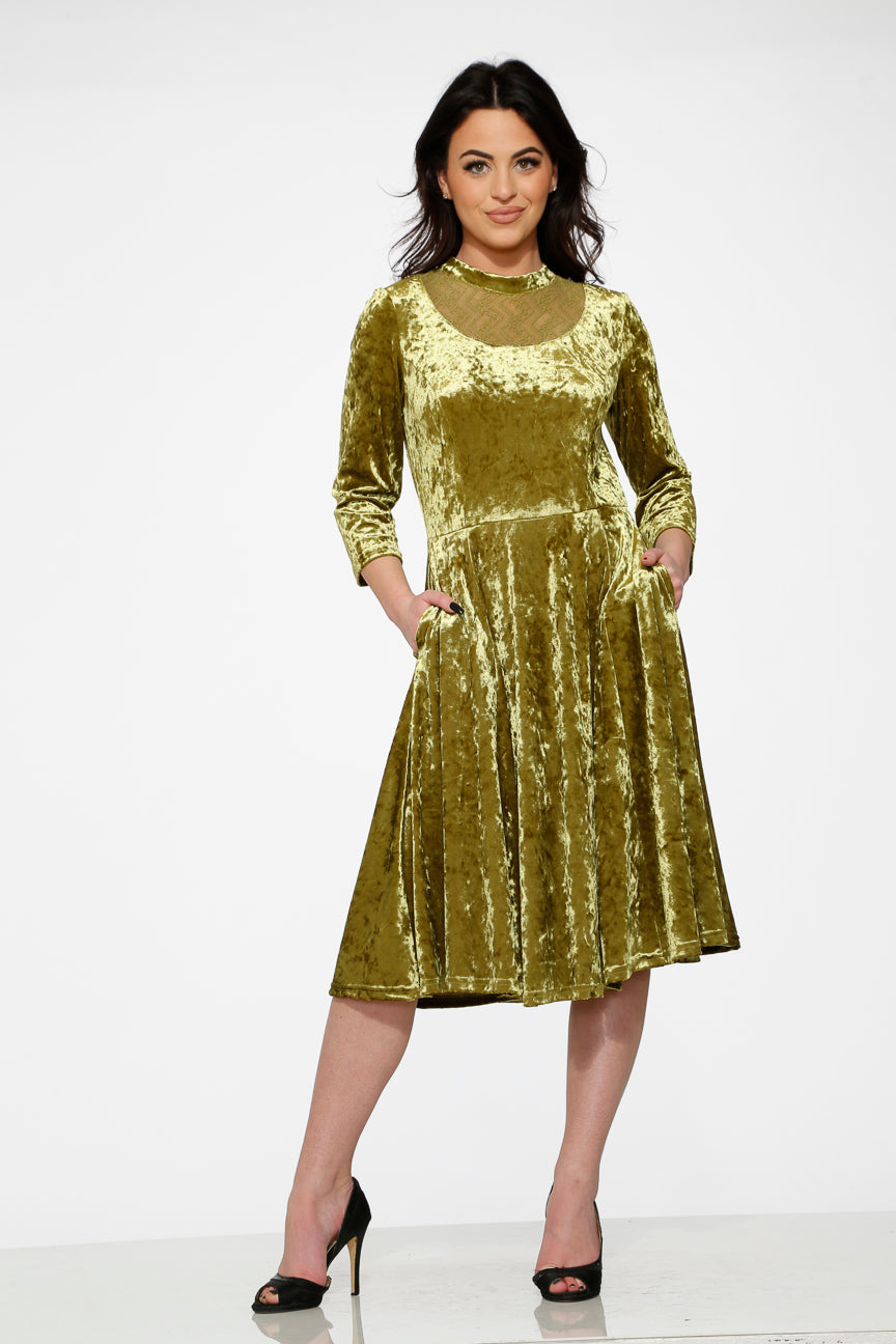 20113 Green Diamond Velvet Swing Dress