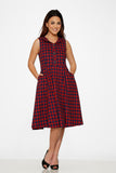 20150 Navy Red Plaid Swing Dress