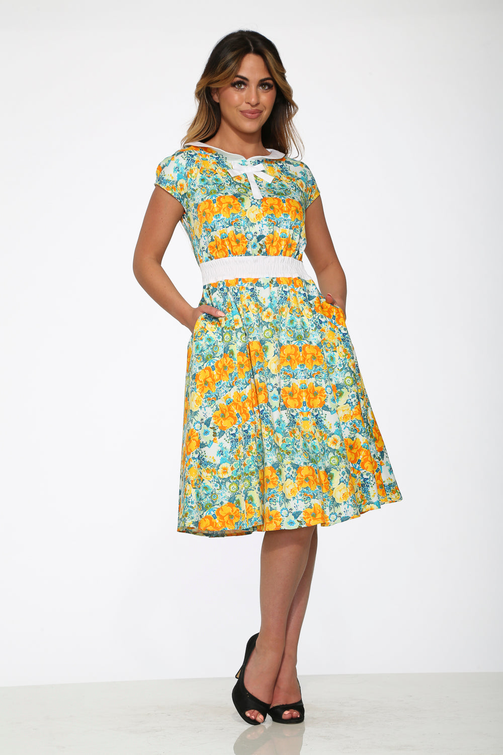 20380 Yellow Floral Swing Dress