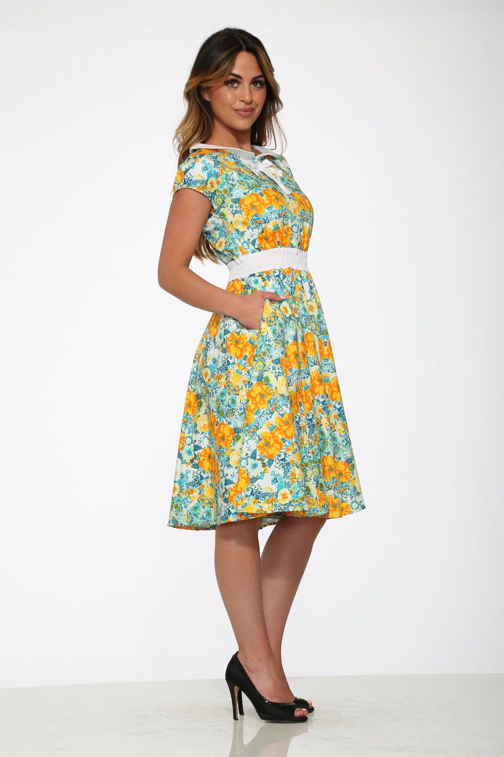 20380 Yellow Floral Swing Dress