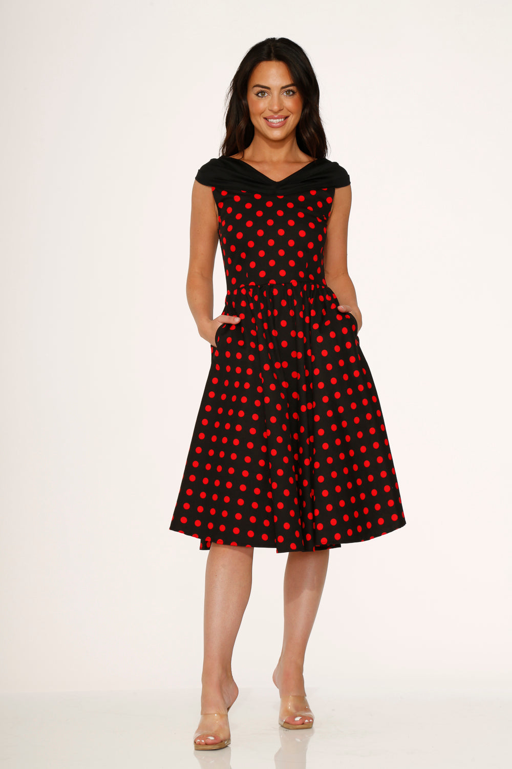 20432 Black Red Polka Dot Swing Dress