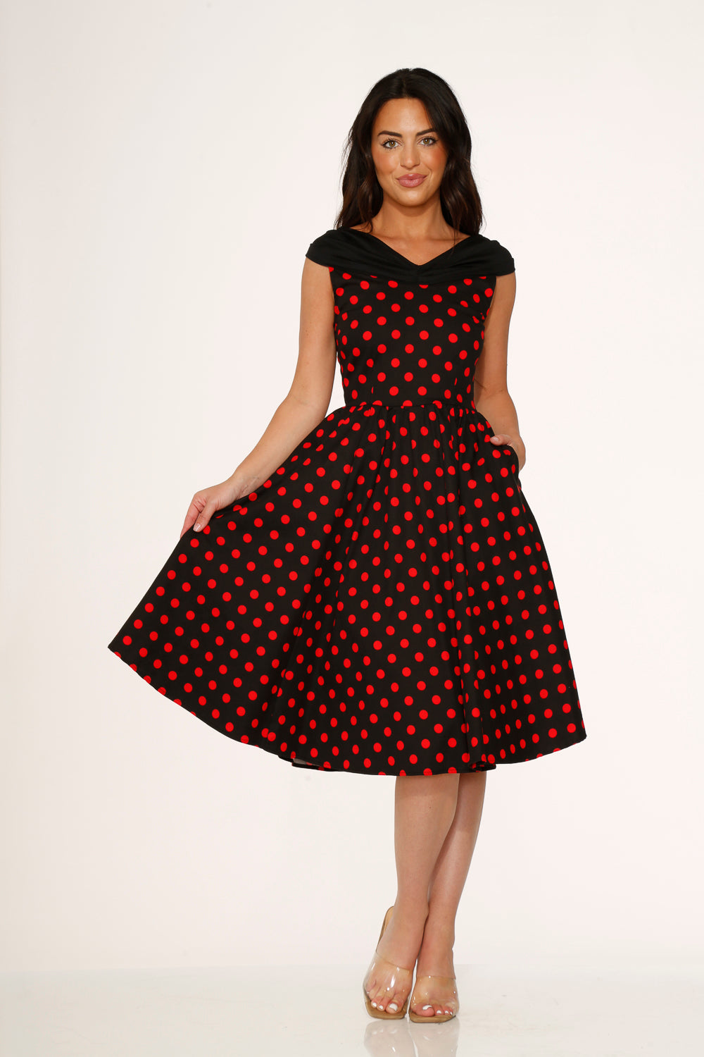 20432 Black Red Polka Dot Swing Dress