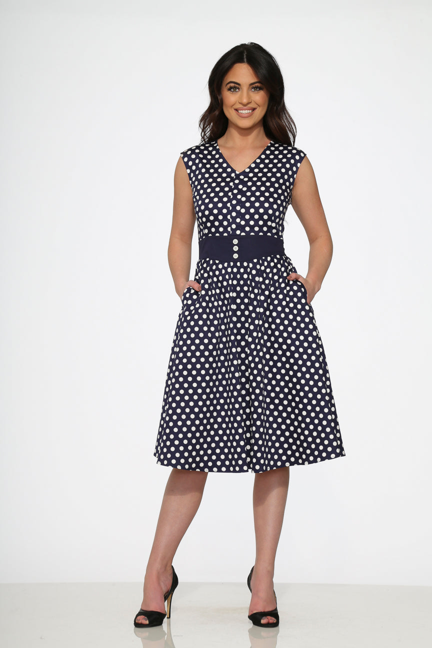 20510 Navy Blue White Polka Dot Swing Dress