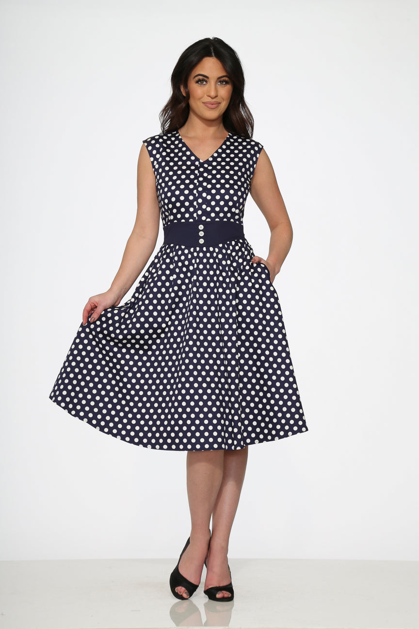 20510 Navy Blue White Polka Dot Swing Dress