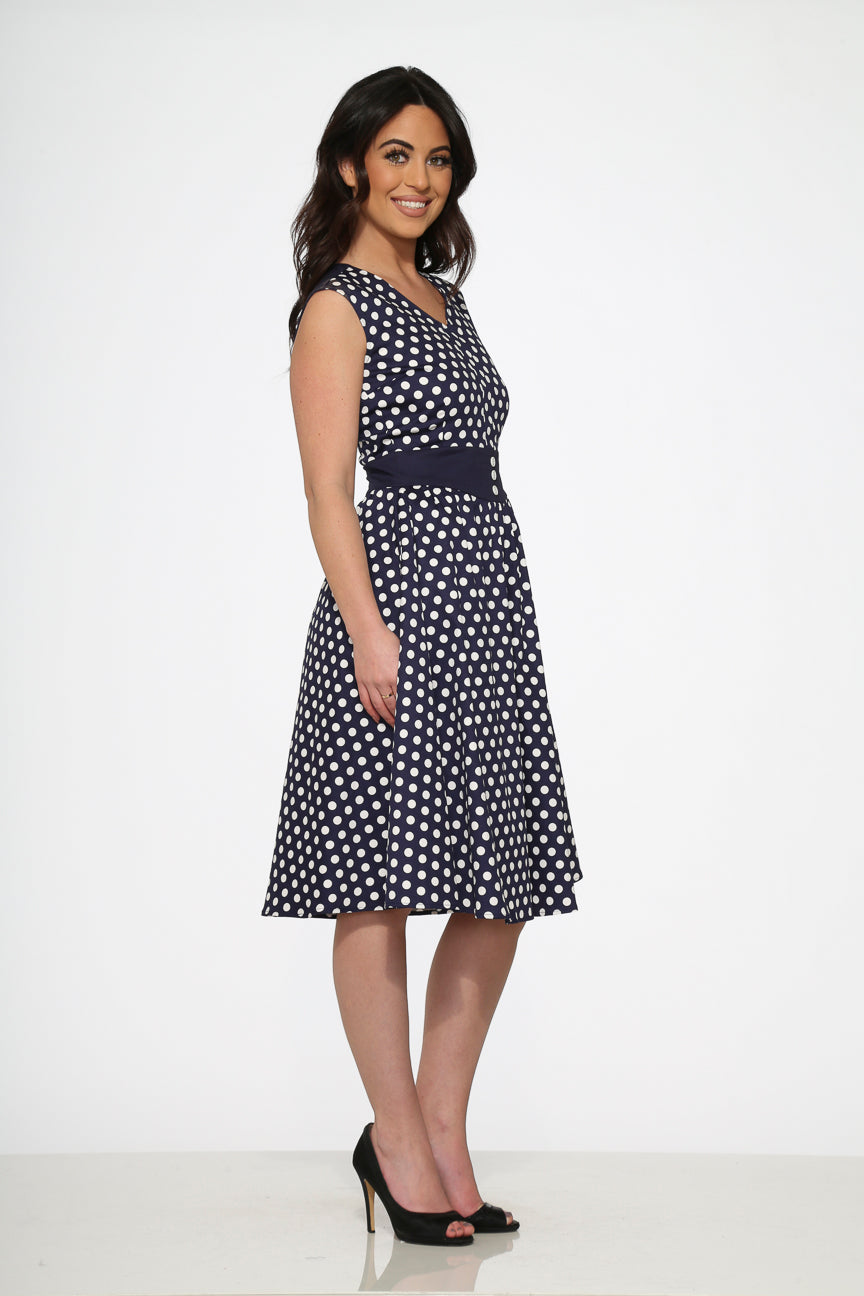 20510 Navy Blue White Polka Dot Swing Dress