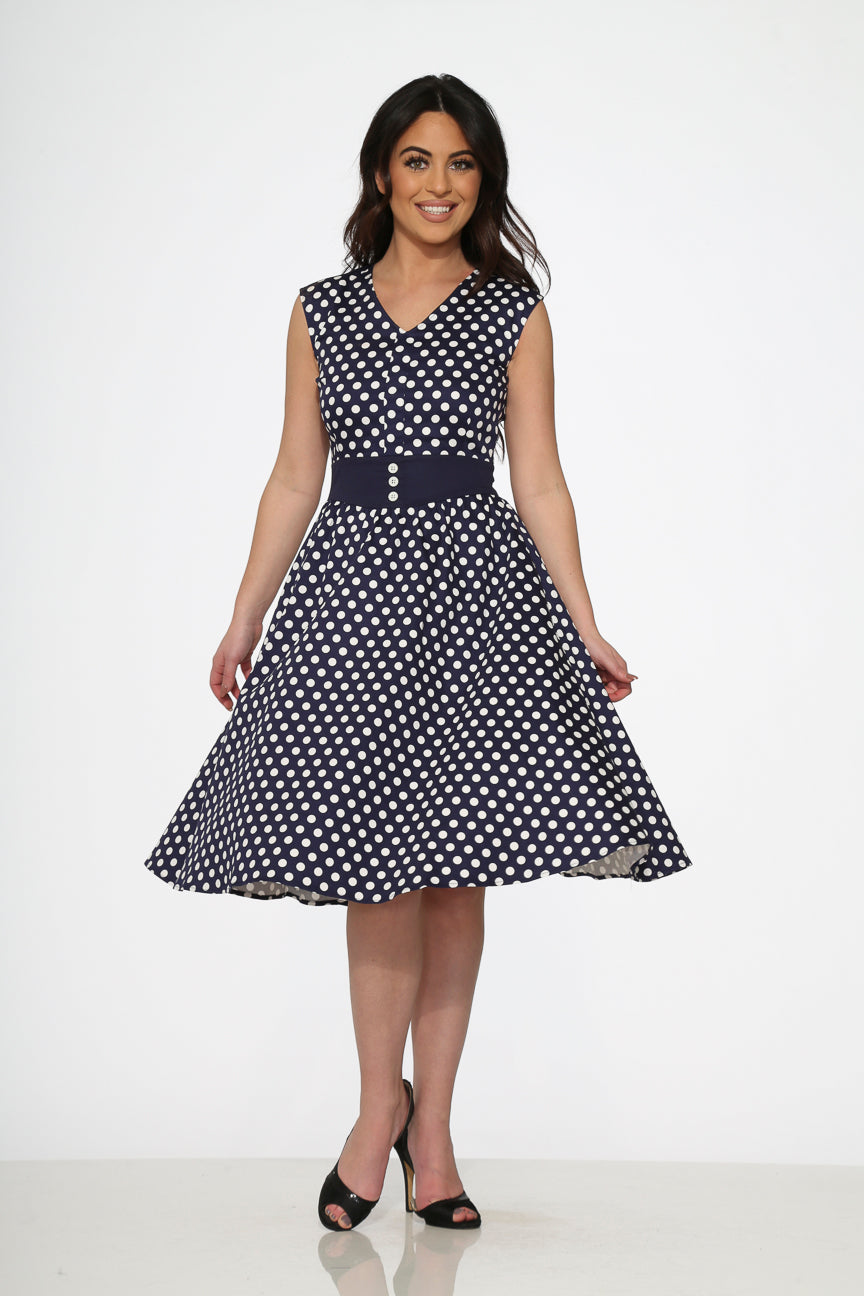 20510 Navy Blue White Polka Dot Swing Dress