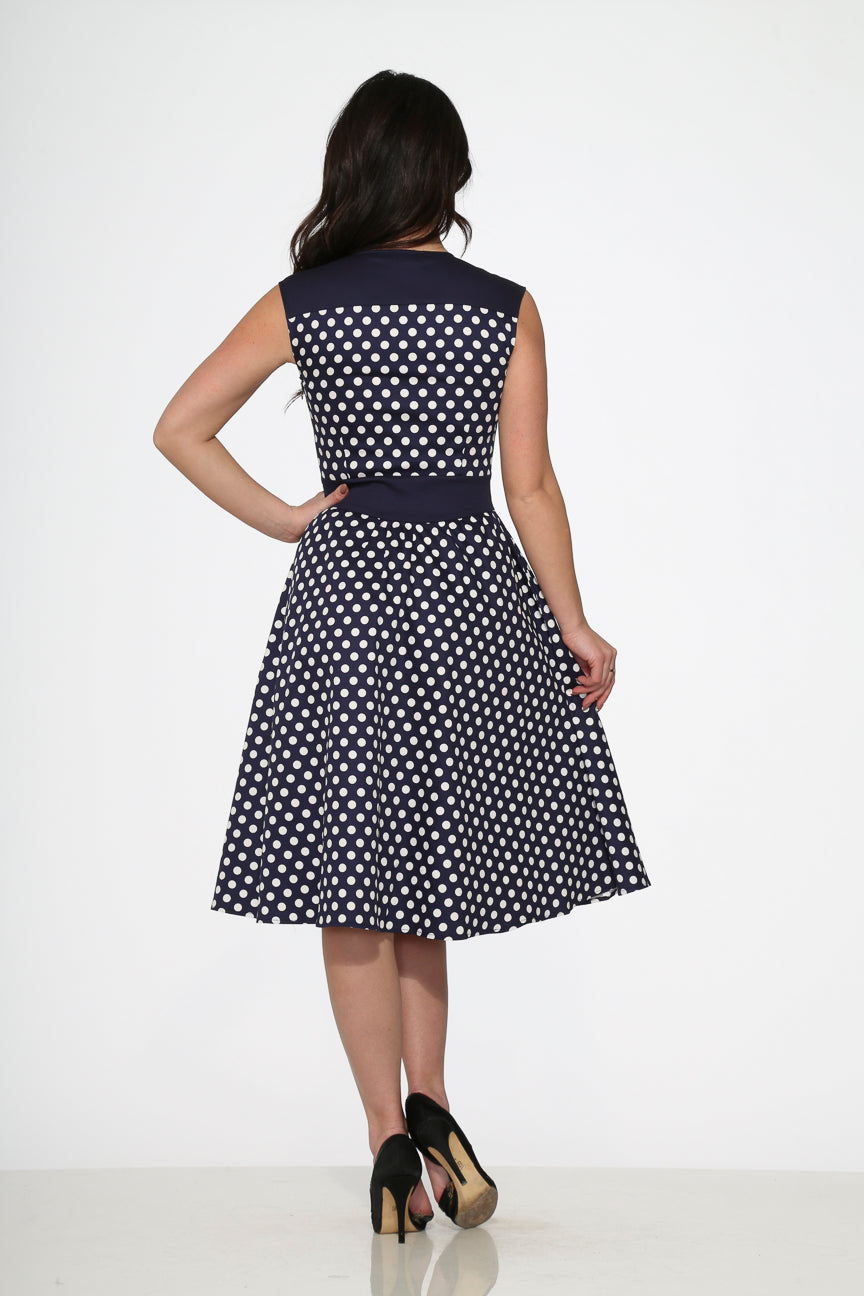 20510 Navy Blue White Polka Dot Swing Dress
