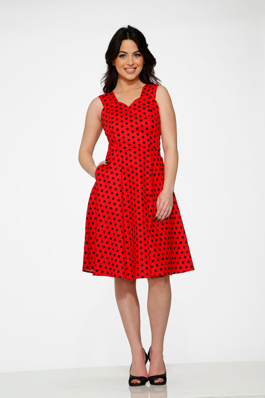 20673 Red Black Polka Dot Swing Dress