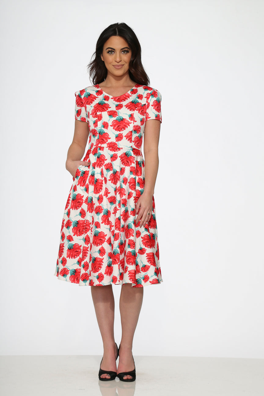 21050 White Pink Floral Swing Dress