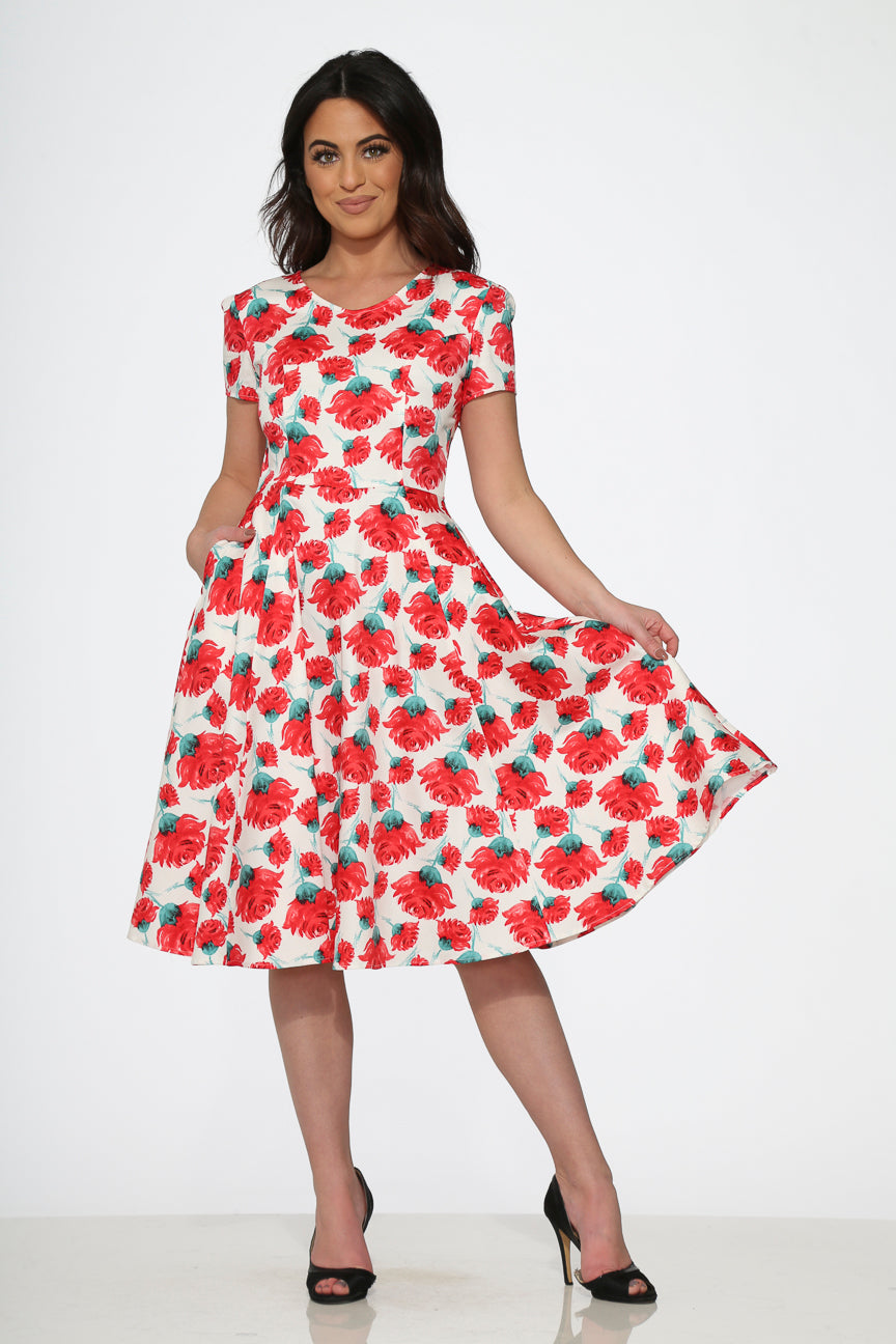 21050 White Pink Floral Swing Dress