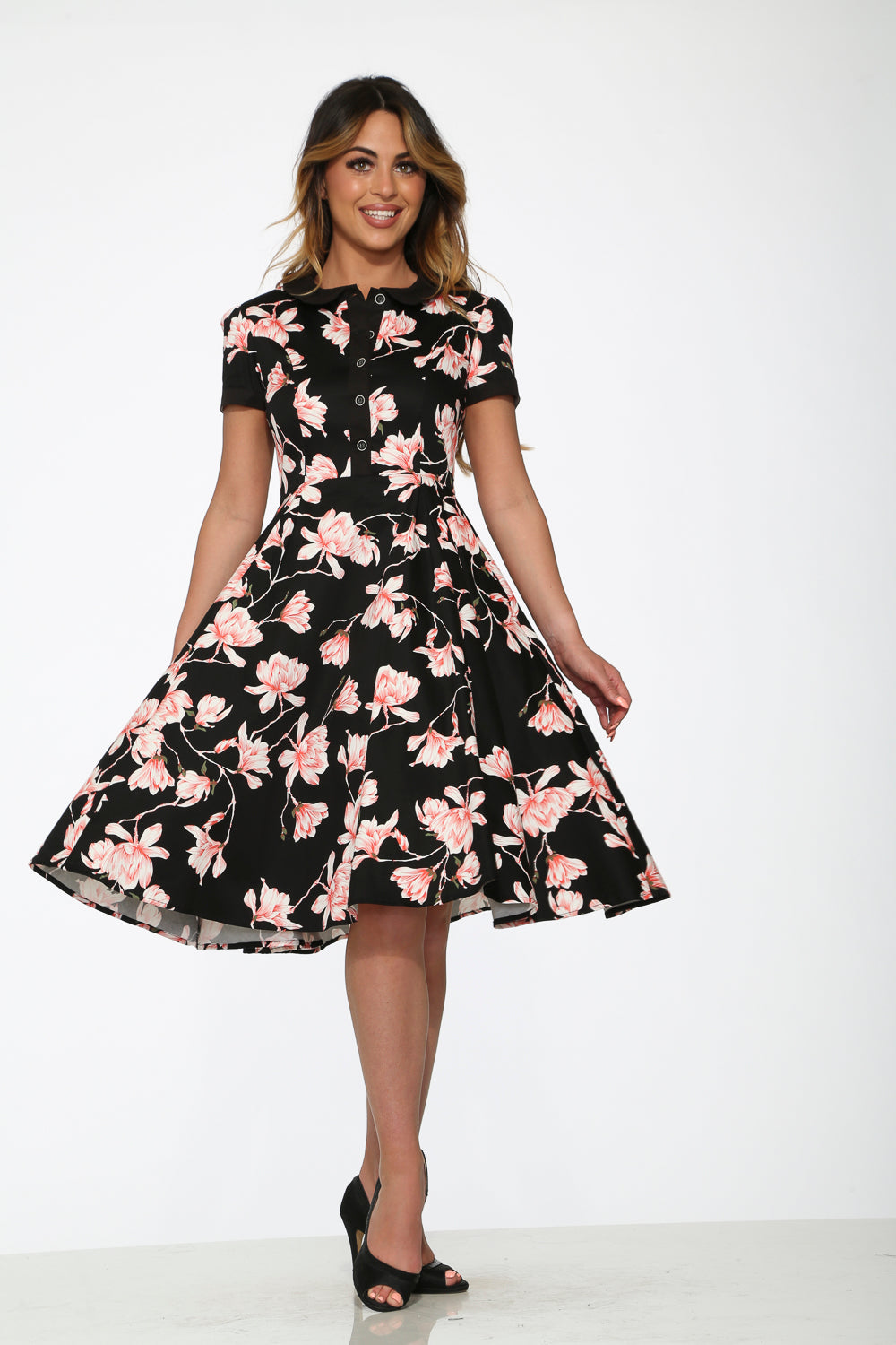 21160 Black Pink Floral Swing Dress