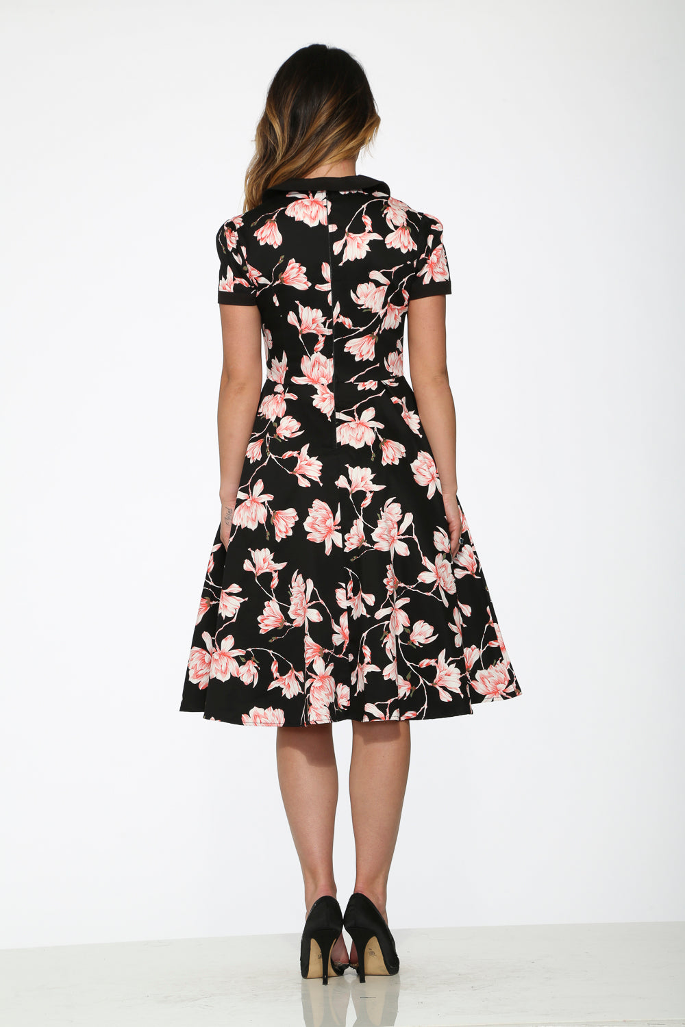 21160 Black Pink Floral Swing Dress