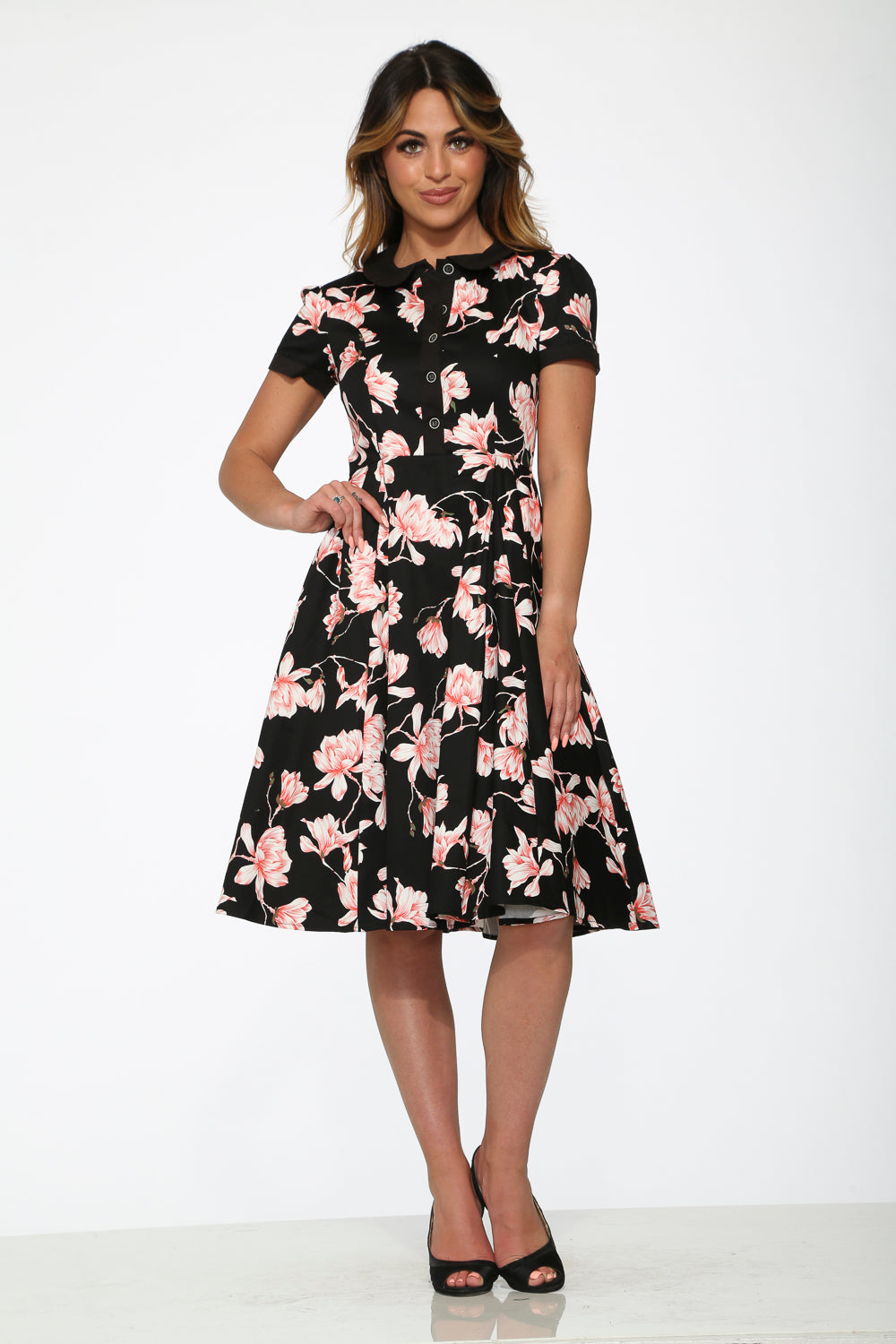 21160 Black Pink Floral Swing Dress