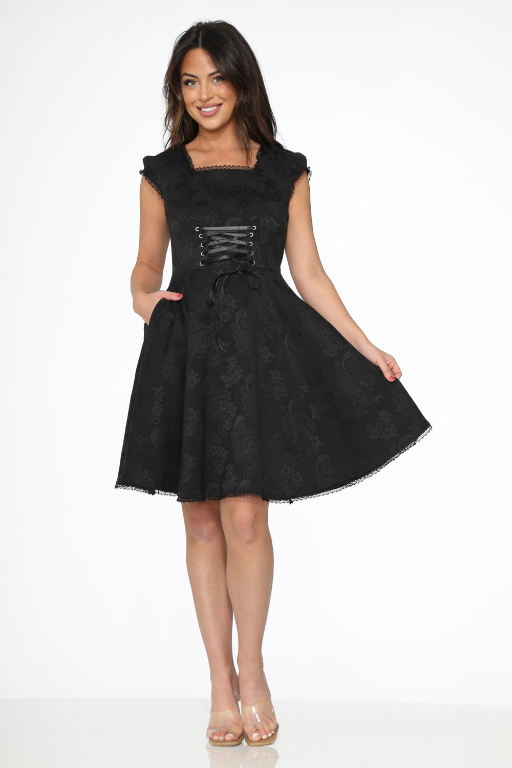 21440 Black Brocade Gothic Swing Dress