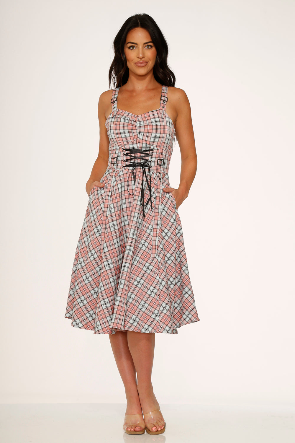 21792 Pink Plaid Swing Dress