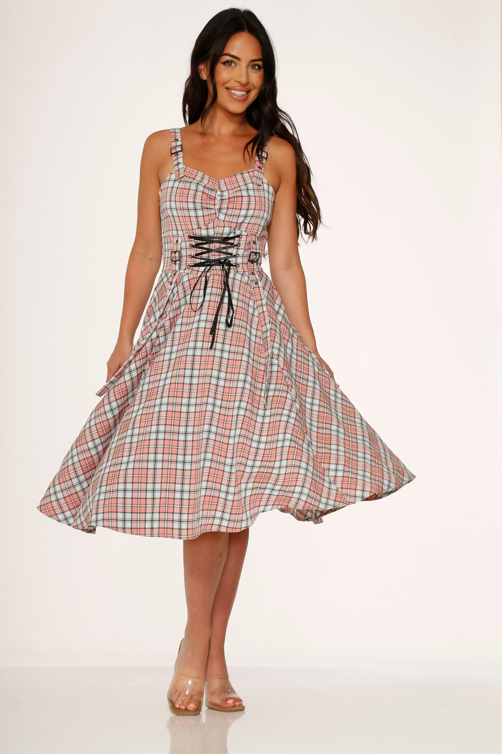 21792 Pink Plaid Swing Dress