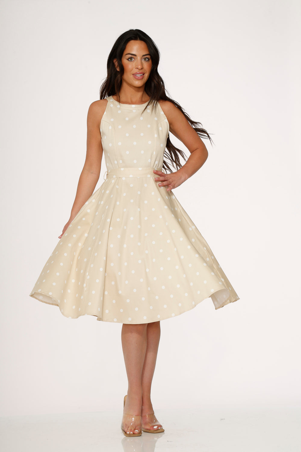 beige polka dot dress Beige 1960s Polka Dot Square Neck Puff Dress